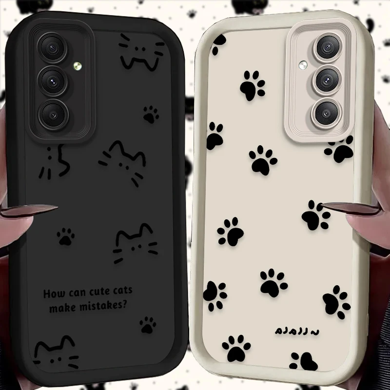 Cute Line Cat Dog Footprint Phone Case For Samsung Galaxy A14 A15 5G S21 S22 S23 S24 5G FE Plus Ultra A25 A35 A52 A53 A54 A55 5G