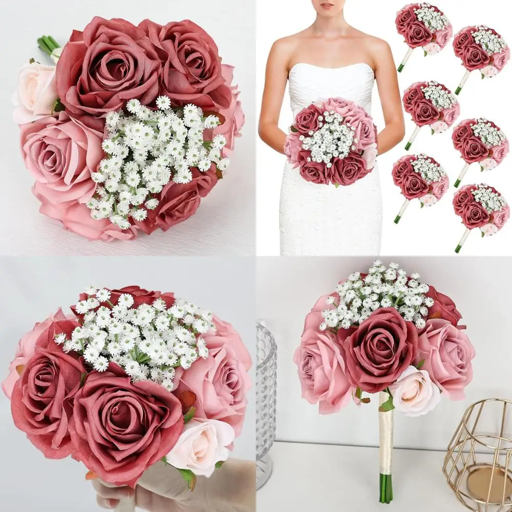 

Набор из 6 искусственных шелковых букетов для подружек невесты цвета пыльной розы для свадебной церемонии или украшения вечеринок