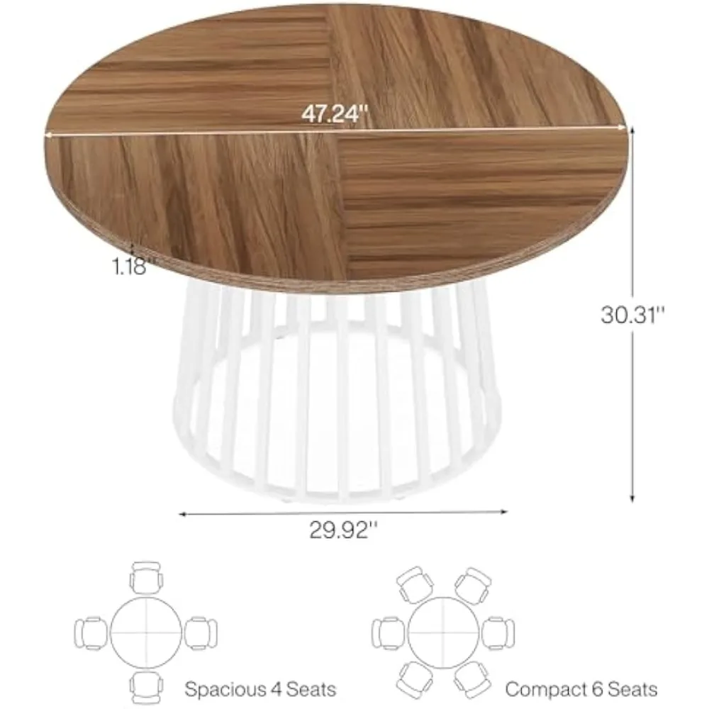 47 Inch Round Dining Table, Farmhouse Dining Table, Round Kitchen Table with White Metal Base and Rustic Brown Color