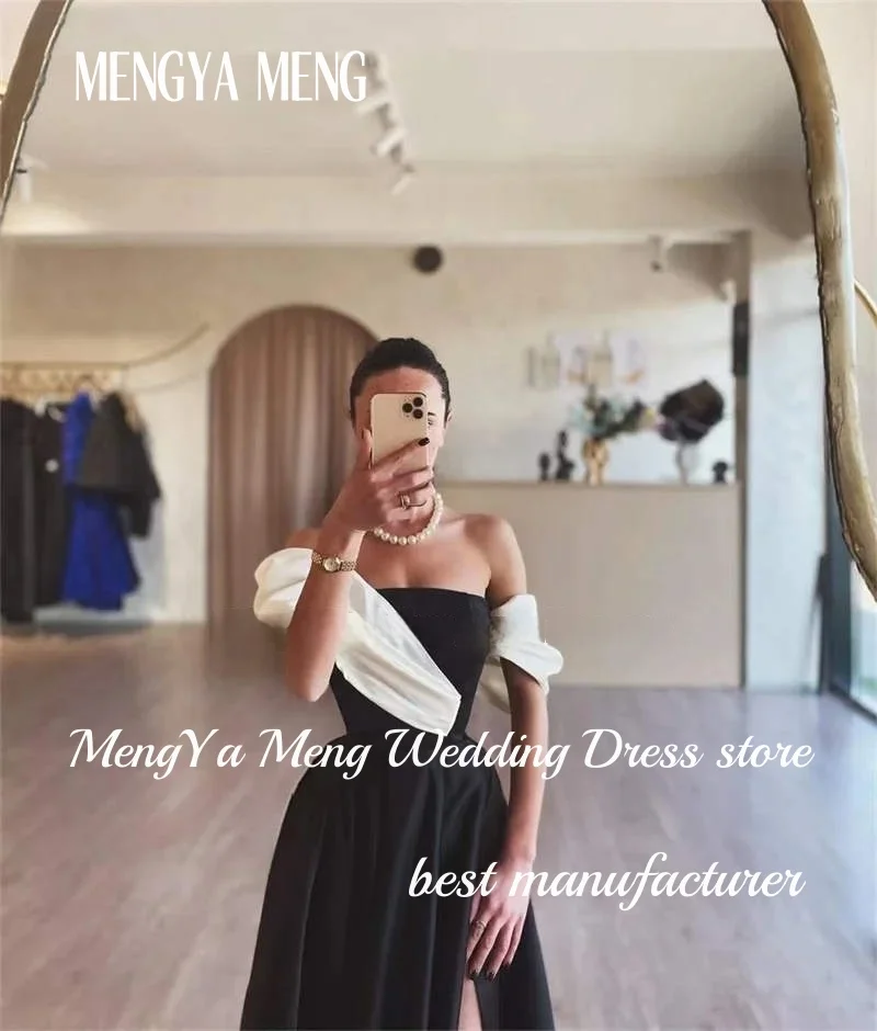 우아한 흑백 이브닝 가운 A라인 새틴 사이드 하이 슬릿 포멀 프롬 드레스 사우디 플로어 길이 맞춤형 갈라 드레스