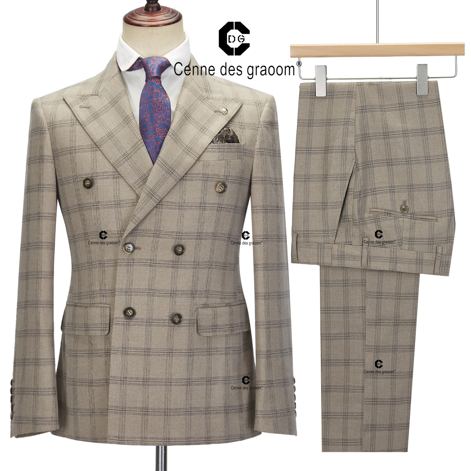 Cenne Des Graoom 2024 New Double-Breasted Plaid Suits for Men Tailor-Made Slim Fit 3 Piece Set Blazer Pants Casual Wedding