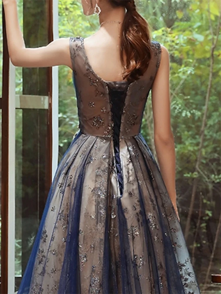 Robe de soirée formelle scintillante A-ligne, paillettes d'organza, longueur au sol, col rond en fibre, robes de Rh, quoi que ce soit