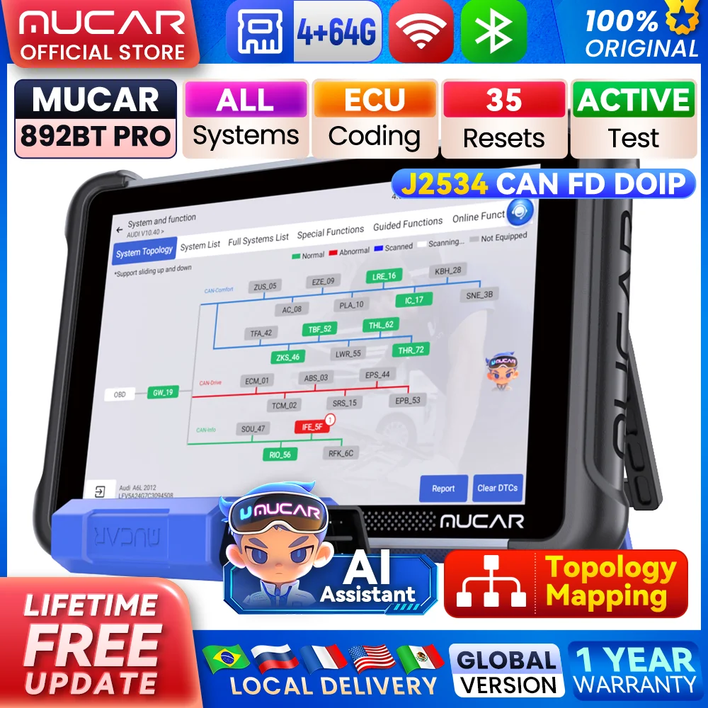 MUCAR 892BT Pro Ai Automotive Diagnostic Tool Topology Map J2534 ECU Coding Bi-directional Car Obd2 Scanner Lifetime Free Update