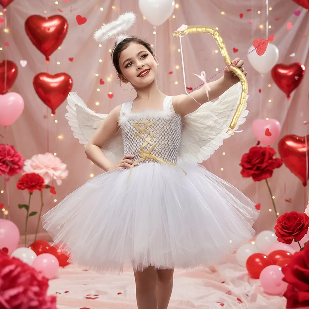 Girls White Angel Cupid Tutu Dress Kids Valentine Costume with Halo Wings Golden Bow Arrow for Wedding Birthday Photoshoot Dress