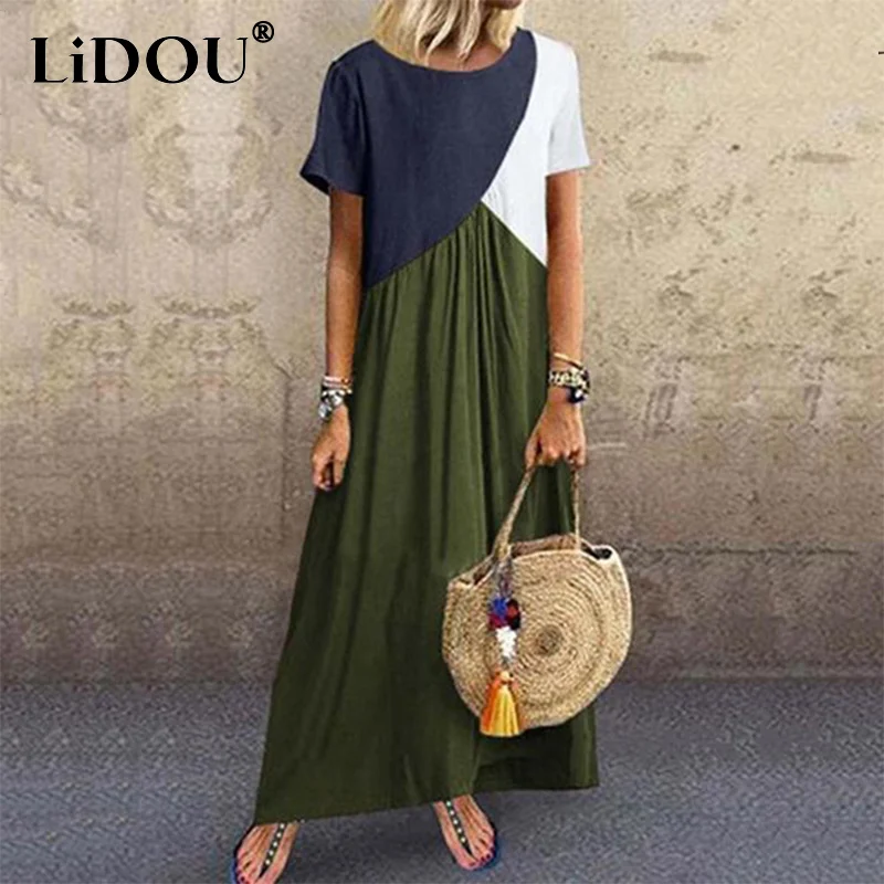 

2022 Summer Women's Casual Fashion Contrast Color Patchwork Long Dress Short Sleeve Loose Comfortable Vintage Beach Robe Dresses