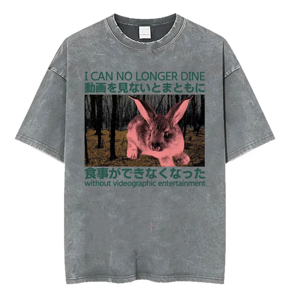 I Can No Longer Dine Japanese Horror Bunny Funny T-shirt Vintage Washed Meme T-shirts Men Women Fashion Casual Oversized T Shirt