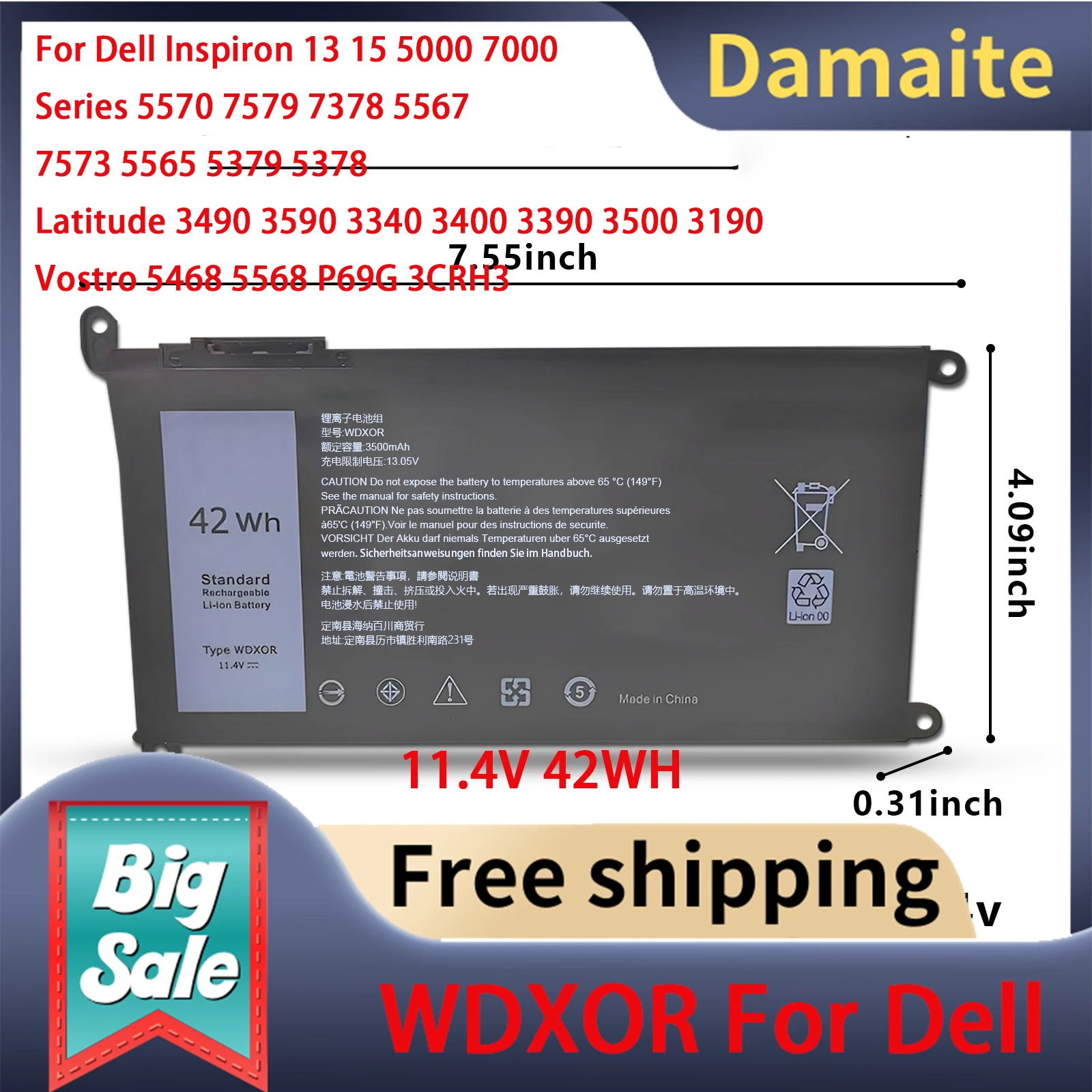 

Damaite WDX0R Laptop Battery Replacemen For Dell Inspiron 13 15 5000 7000 Series 5570 7579 7378 5567 Latitude 3490