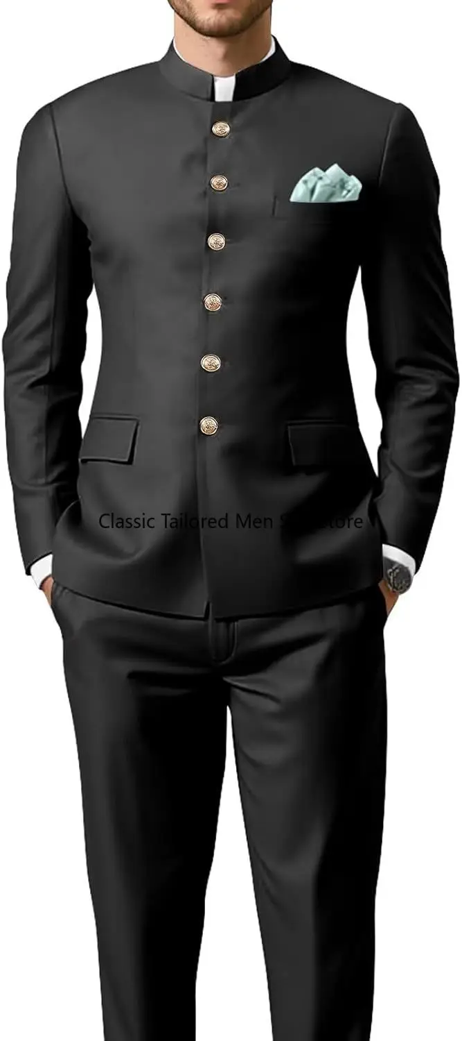 Men's Chinese Tunic Suit Mandarin Collar 2 Piece Slim Fit Traditional Uniform Groom Wedding Blazer Pant Set
