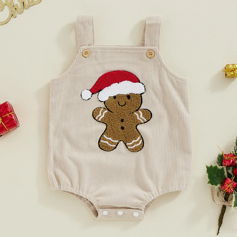 Baby Christmas Overalls Romper Gingerbread Man Christmas Hat Embroidery Sleeveless Jumpsuit