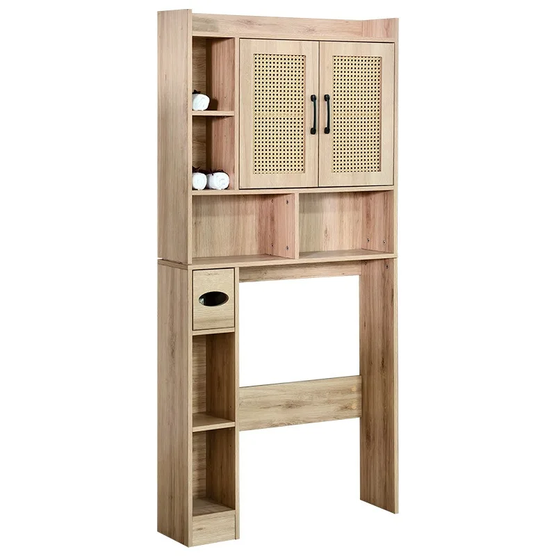 Rattan toilet washing machine, top locker 2 doors with toilet paper holder