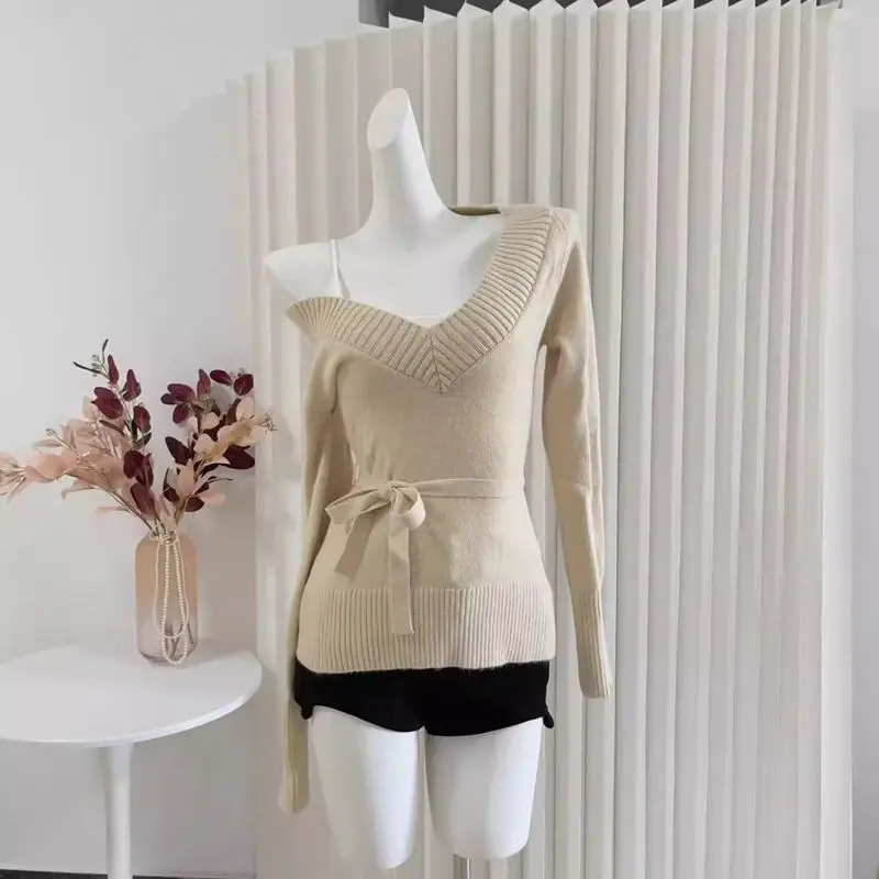 Kimotimo Retro Long Sleeve Knit Sweater Women Autumn Winter New V Neck Slim Fit Base Pullover Top Simple Solid Lazy Y2k Jumpers