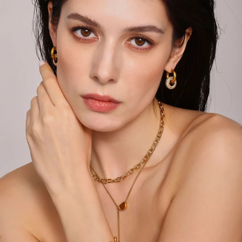 Europe And The United States Ring Zircon Earrings Double Circle Niche Design Stainless Steel Colorfast New Earring Women Jewelry