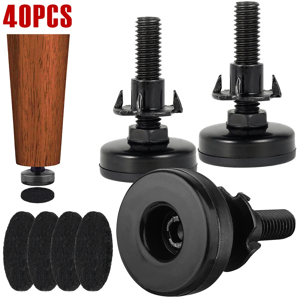 40Pcs Furniture Adjustable Bolt Chair Feet 3/8”-16 Thread Support Furniture Legs with Felt Pads for Cabinets Tables Sofa Raiser