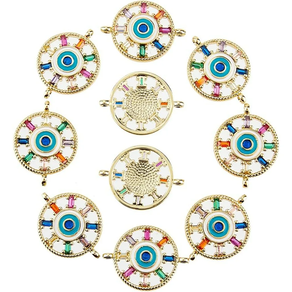 10Pcs Colorful Evil Eye Connector Charms Round Evil Eye Pendant Spacer Beads Cubic Zirconia Enamel Charms Links Accessories