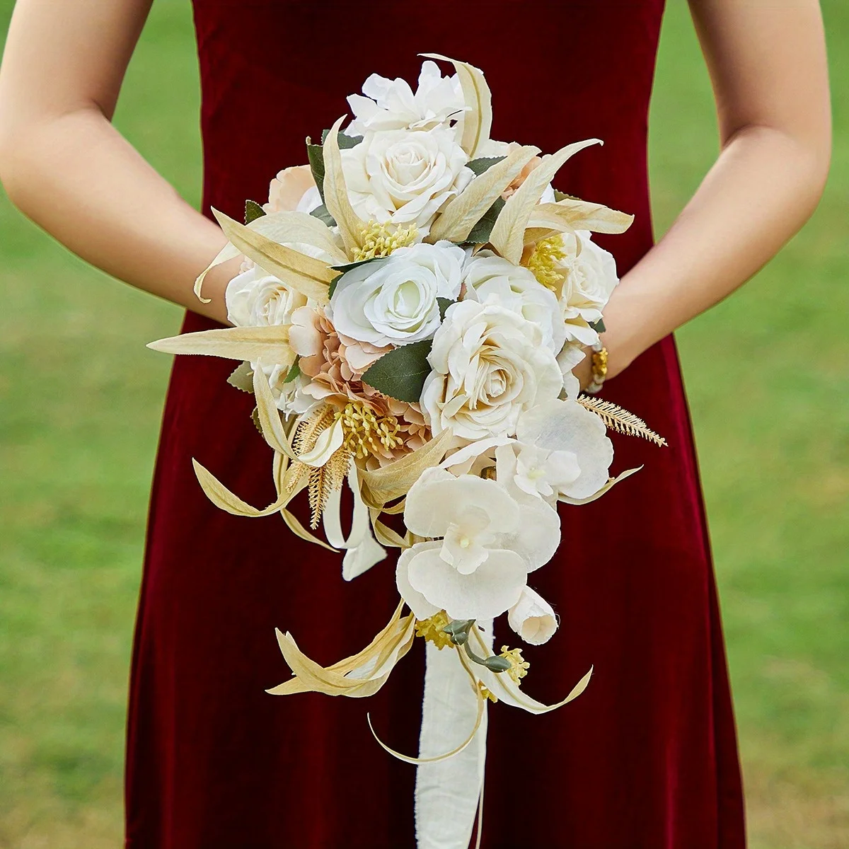 

Wedding Bouquets for Bride Bridesmaid, 14.5in White Champagne Artificial Roses Flowers Bouquet, Wedding Flowers Bouquet,