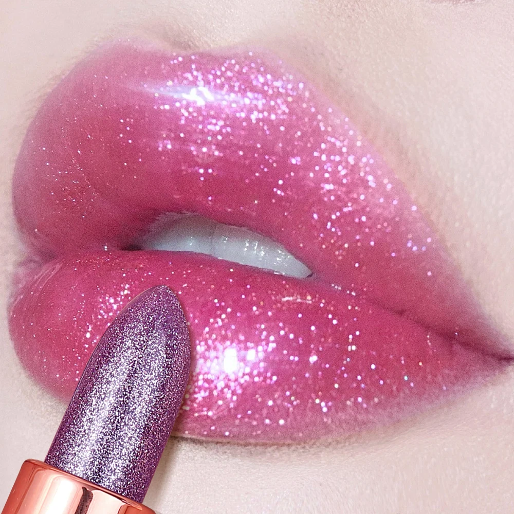 Temperatura Batom Brilho de Mudança de Cor Brilhante Brilhante Diamante, Impermeável, Hidratante Durável, Vermelho, Rosa, Maquiagem Sexy Lip, 1pc