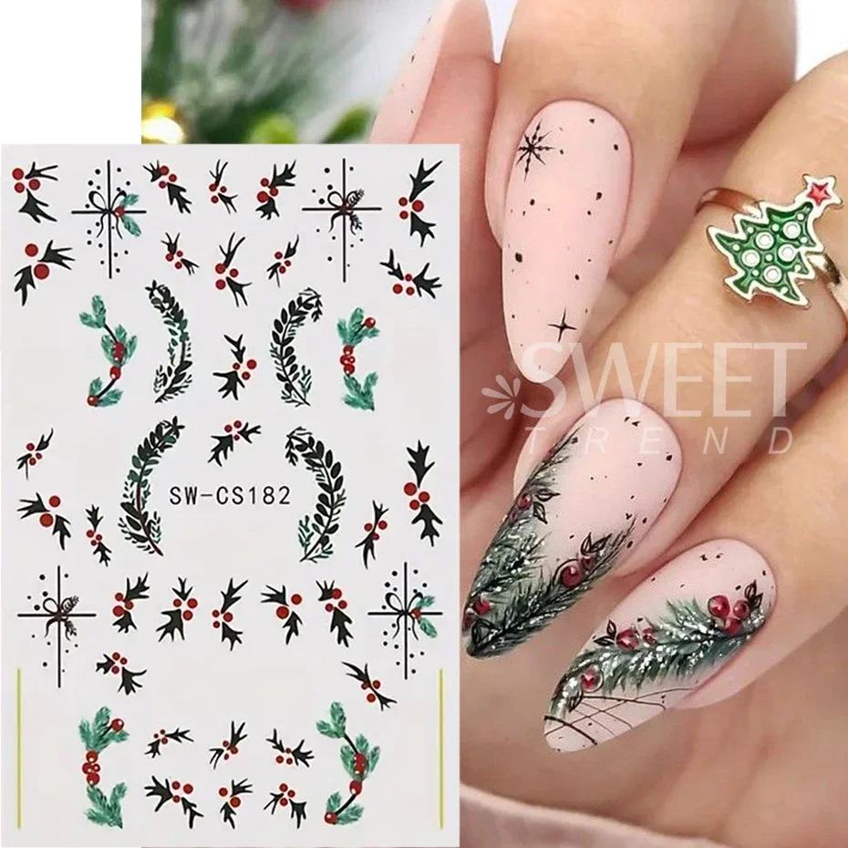 2/4 pezzi adesivi per unghie natalizi autoadesivi foglie verdi agrifoglio fiocco di neve decalcomanie per unghie cursori decorazione manicure capodanno fai da te