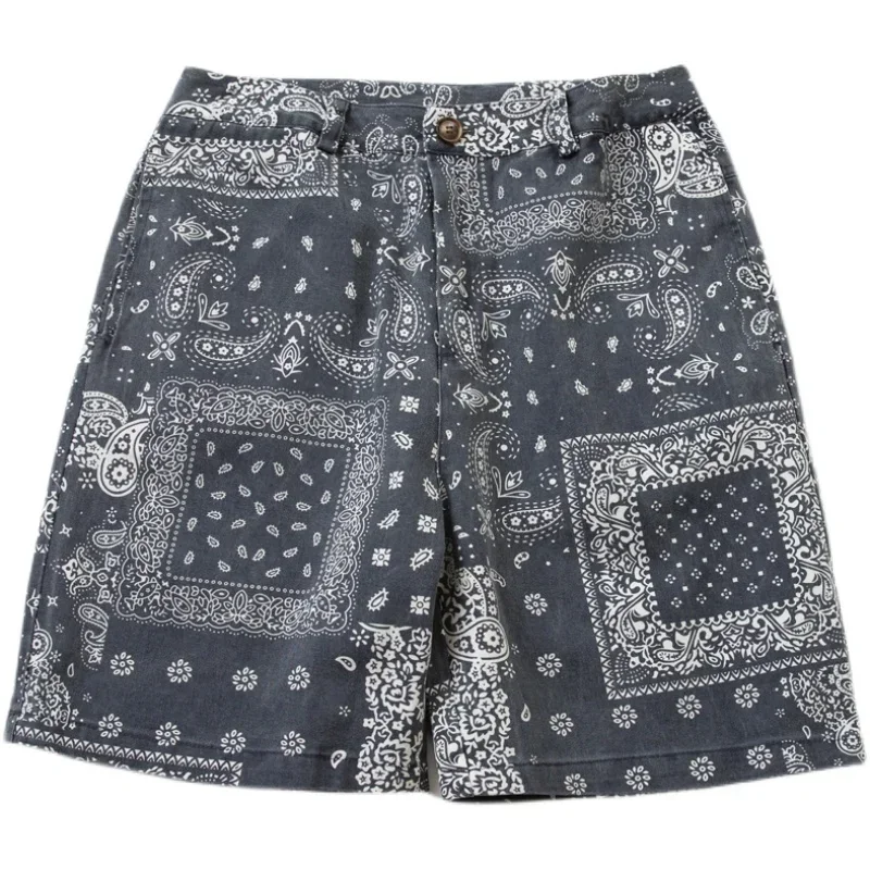 Summer Japanese Men's Water Washed Carbon Gray Cashew Flower Loose Casual Five Piece Pants Beach Shorts Trend