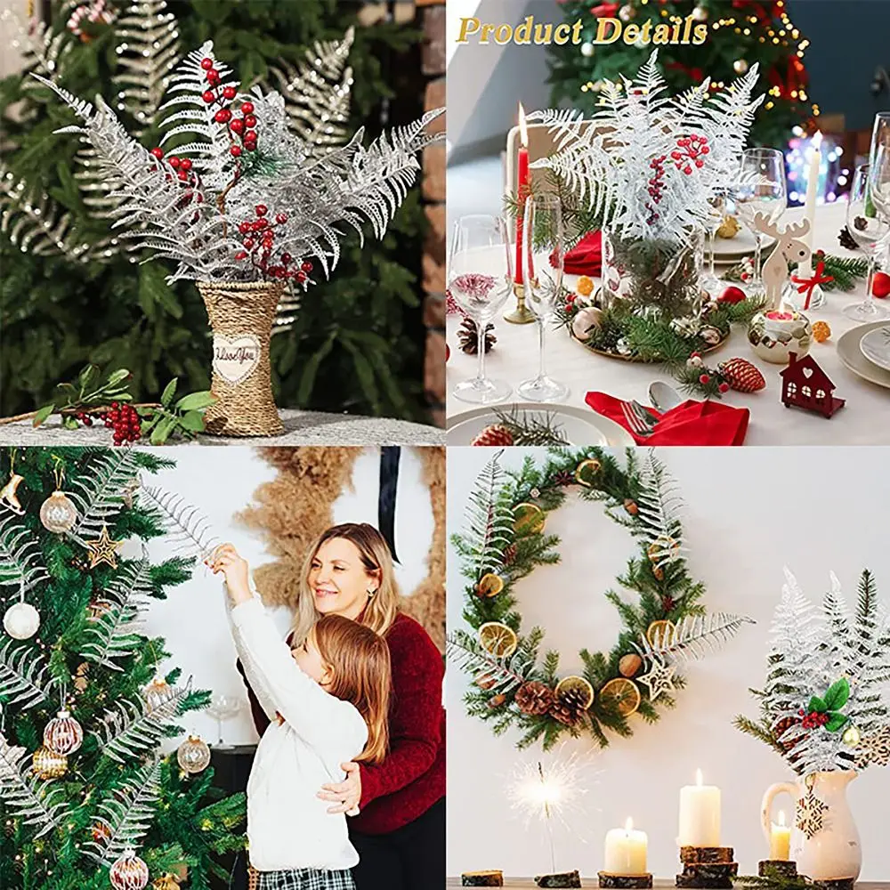 Glittered Leaves Christmas Tree Branches Wreath Twinkle Bouquet Gift Artificial Pine Branches Xmas Tree Ornament DIY Wreath