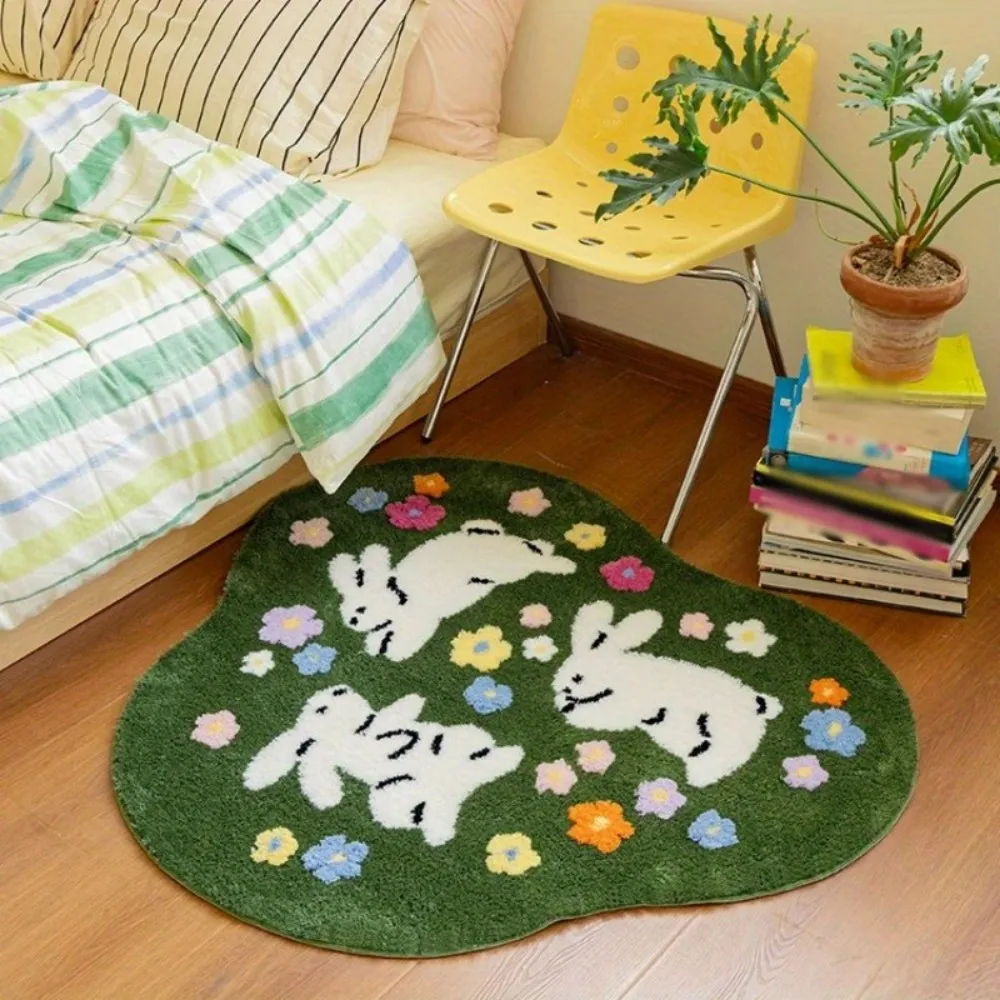 VIKAMA Cartoon Green Lawn Rabbit Carpet Home Decor, Non-Slip And Dirt-Resistant, For Easter Living Room Or Bedroom Floor Mat