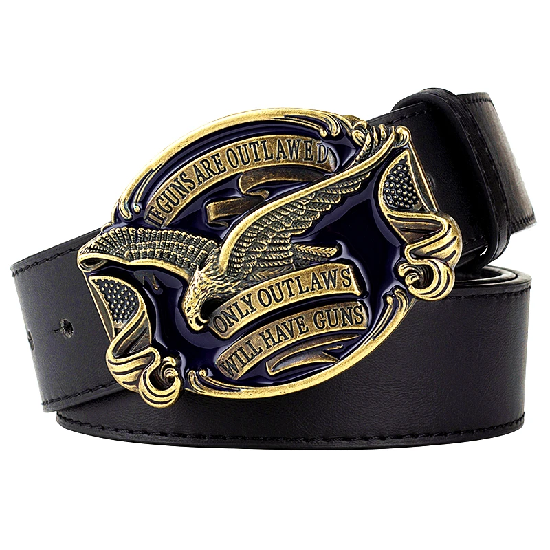 Fashion Men Jeans Belt Golden Eagle US Gun Law Flag Hawk American Emblem Have Guns Letter Buckle Cowboy Waistband