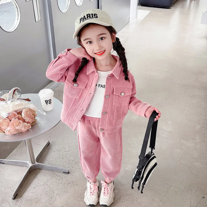 Girls Corduroy 2 Piece Sets Fashion Kids Jackets Conjuntos + Baggy Casual Jogger Pants Ensemble Korean Children Tracksuit Set