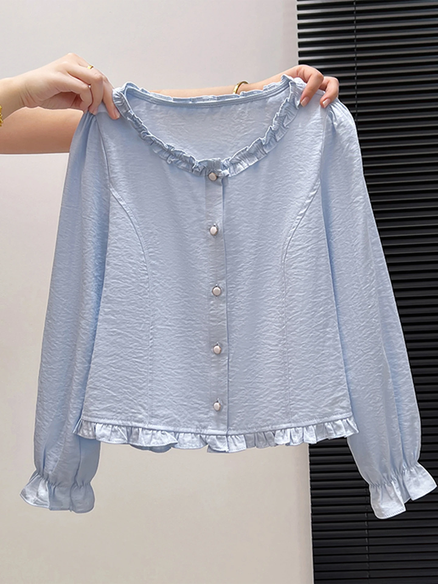 

Spring Design Long Sve round Ne Doll irt Women's Faionable Blue irt Collar Lace Trim Loose Fit Korean Sle Top