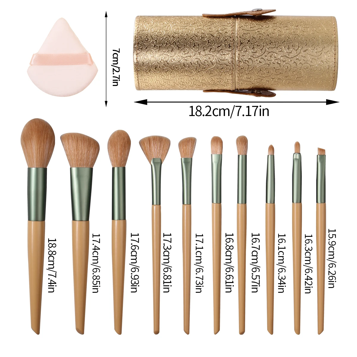 Set di pennelli per trucco a setole morbide di alta qualità da 13 pezzi + soffio per cipria triangolare antiaderente + secchiello per pennelli per trucco in pelle PU