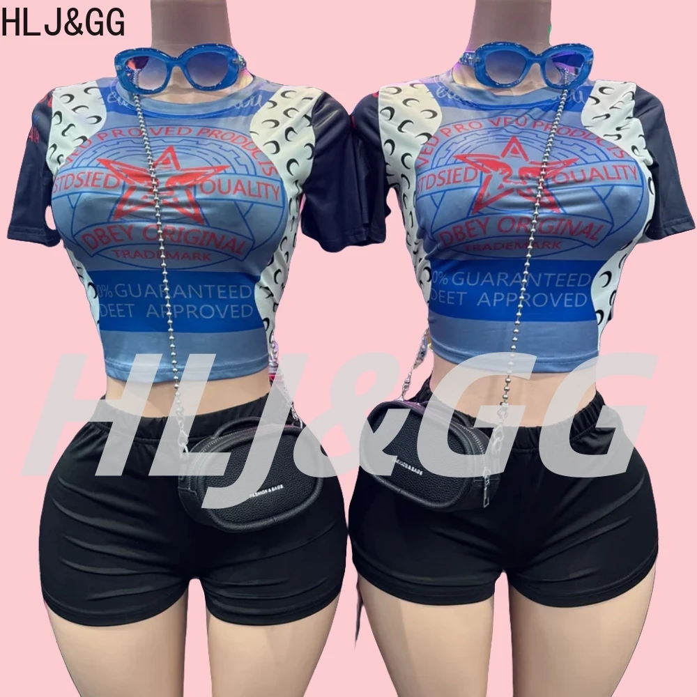 HLJ&GG Y2K Fashion Graphic Tshirts Two Piece Sets Women O Neck Short Sleeve Slim Crop Top+Shorts Outfits Summer 2pcs Streetwear