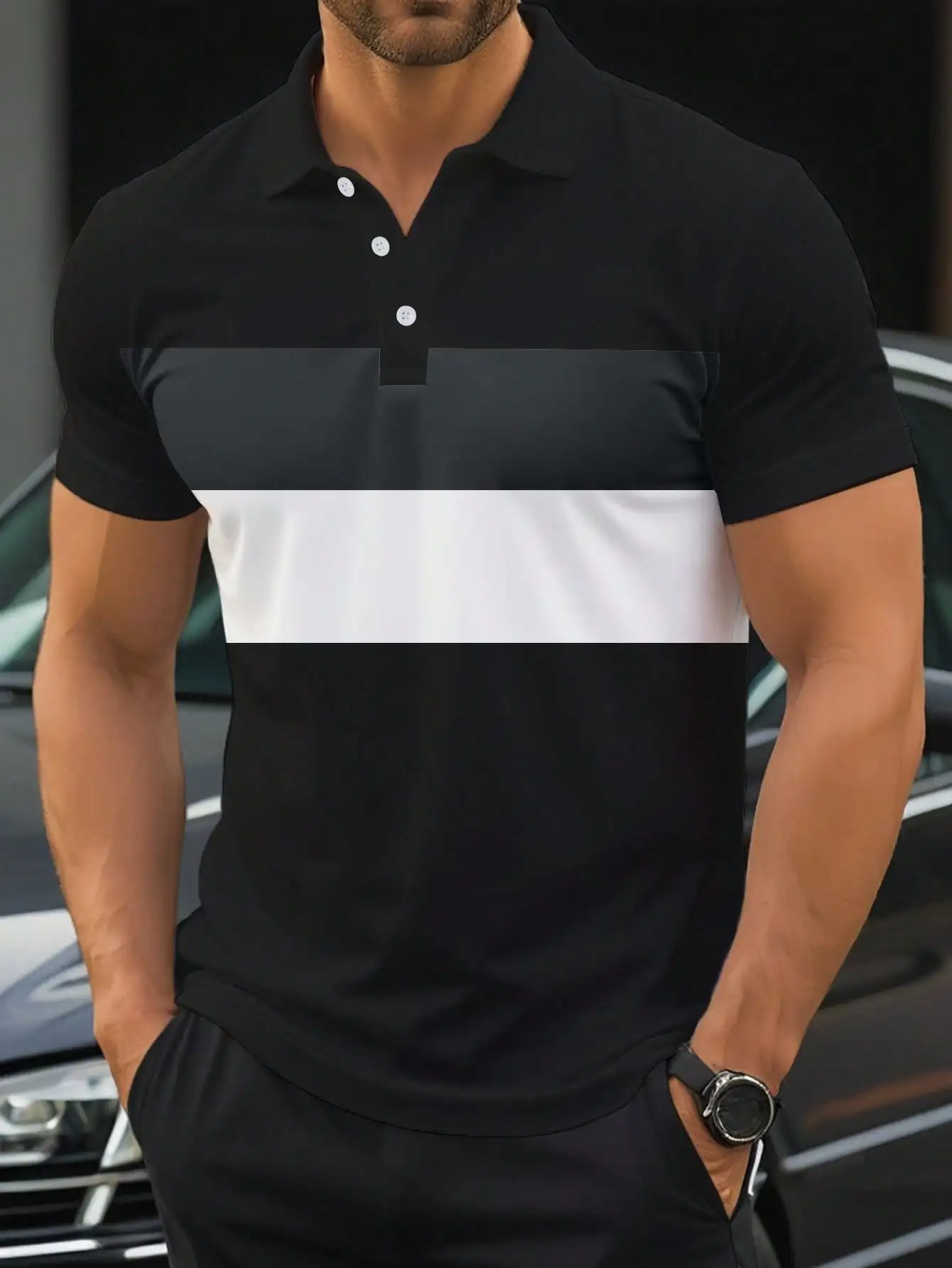 

Мужская рубашка-поло с коротким рукавом и цветовыми блоками, повседневная летняя одежда с контрастными полосками