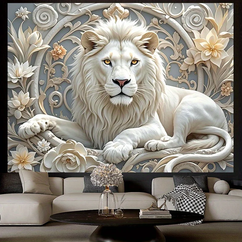 White Lion Tapestry  Elegant Floral Lion Wall Art for Living Room & Bedroom  Luxury Polyester Decor,Indoor/Outdoor Use,Easy Hang