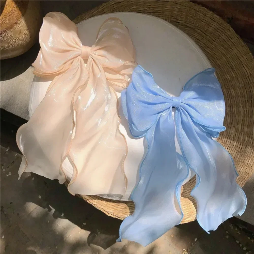 

New Women Girls Sweet Blue Shining Satin Bowknot Hair Clip Big Ribbon Bow Barrette Solid Color Scarf Hairpin Grip Ponytail Clip
