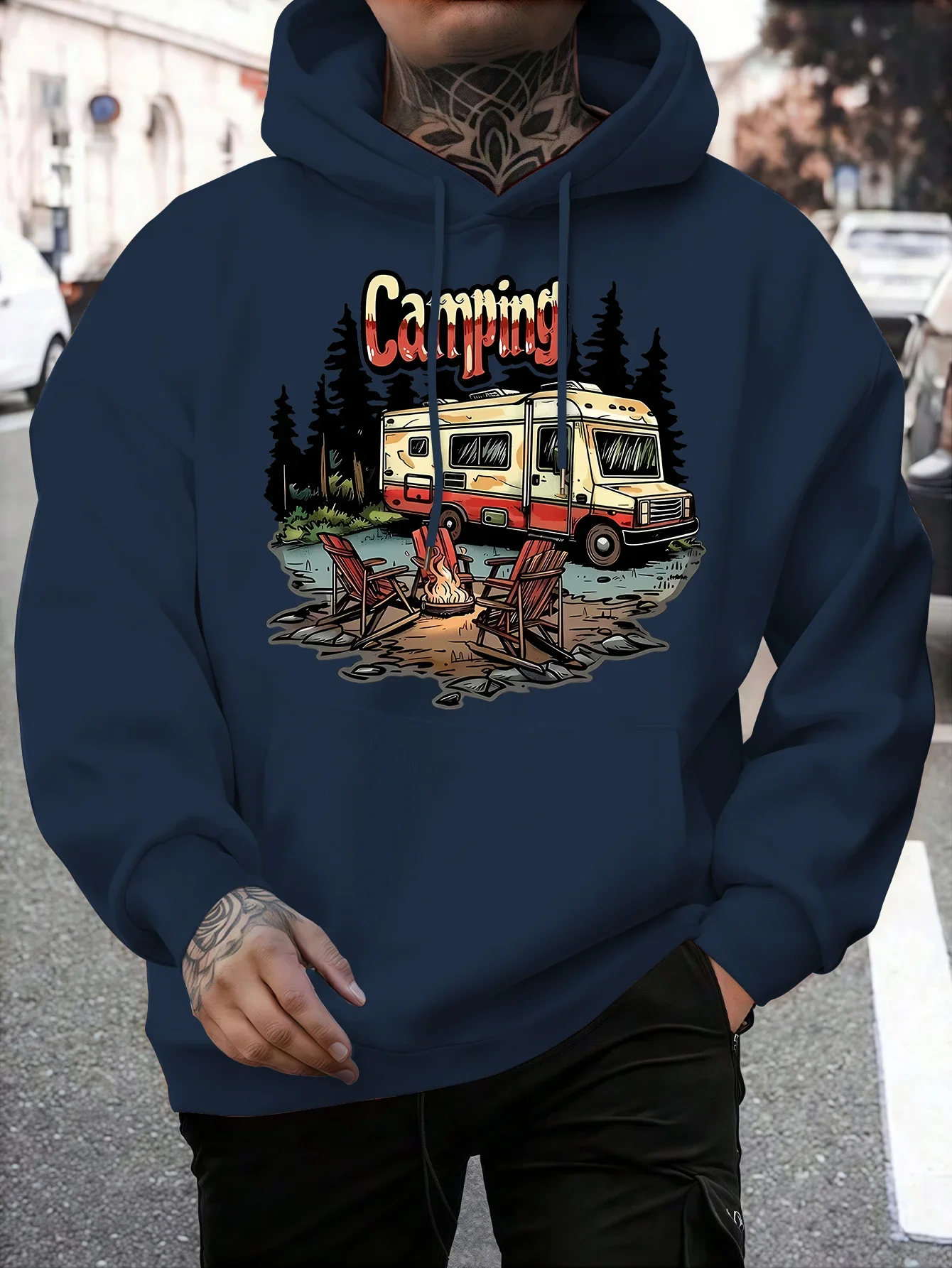Men Camping RV Camper Van Hoodie Pine Tree Forest Campfire Graphic Oversized Vintage Outdoor Streetwear Fleece Sweatshirt Winter