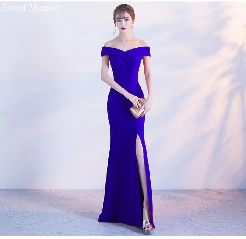 N190 Boat Neck Satin Prom Dresses Girls Princess Long Robe Sexy Woman Navy Blue Burgandy Red Whte Black Wedding Party Dress