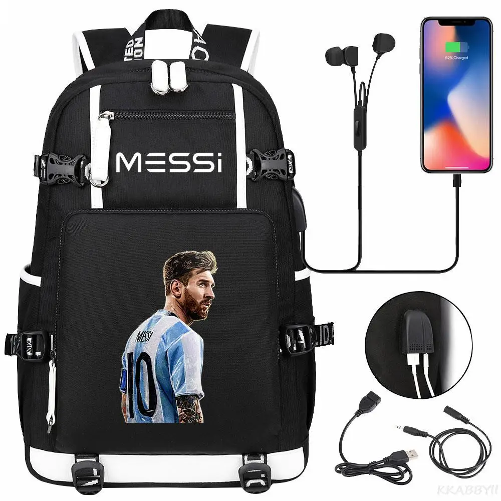 Messi Football USB Charging Backpack Schoolbag Travel Notebook Laptop Bag for Kids Students