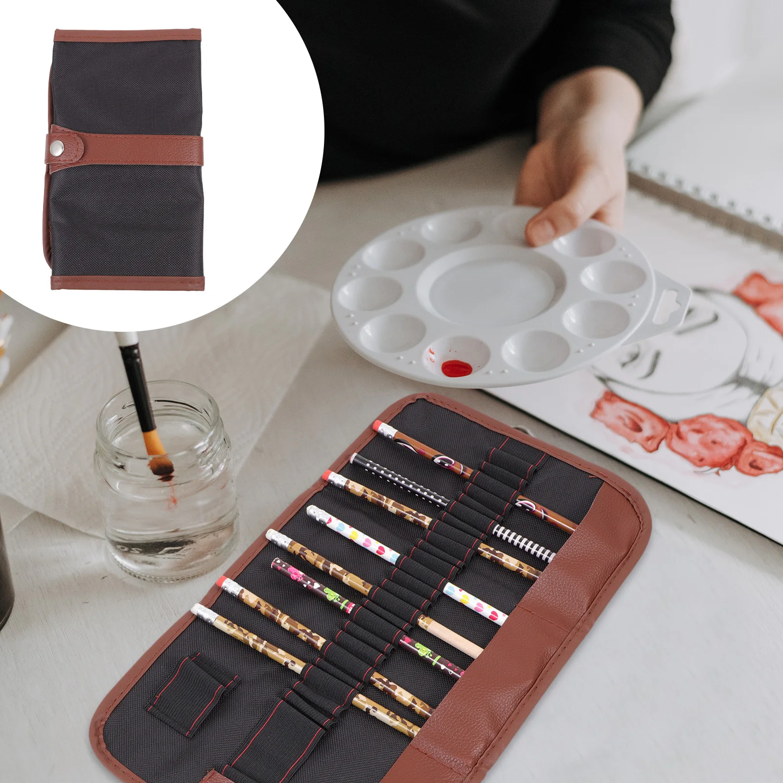 2pcs 블랙 롤 가방 대용량 캔버스 연필 롤 가방 드로잉 펜 마커 지우개 용 연필 주최자 가방