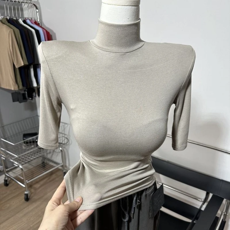 

Wholesale Half Sleeve Turtleneck T Shirts for Women Shoulder Pads Basic Slim T Shirt Women Spring Summer Top Short Solid T Shirt