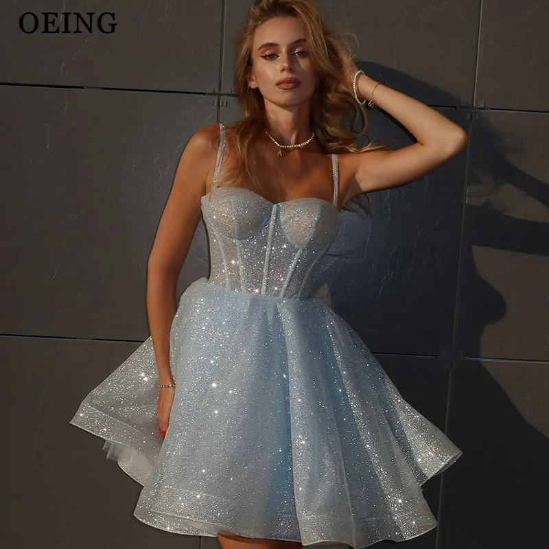 

OEING Sparkly A-Line Mini Prom Dress Sky Blue Sweetheart Sleeveless Draped Homecoming Dresses 2025 vestidos de festa Customized