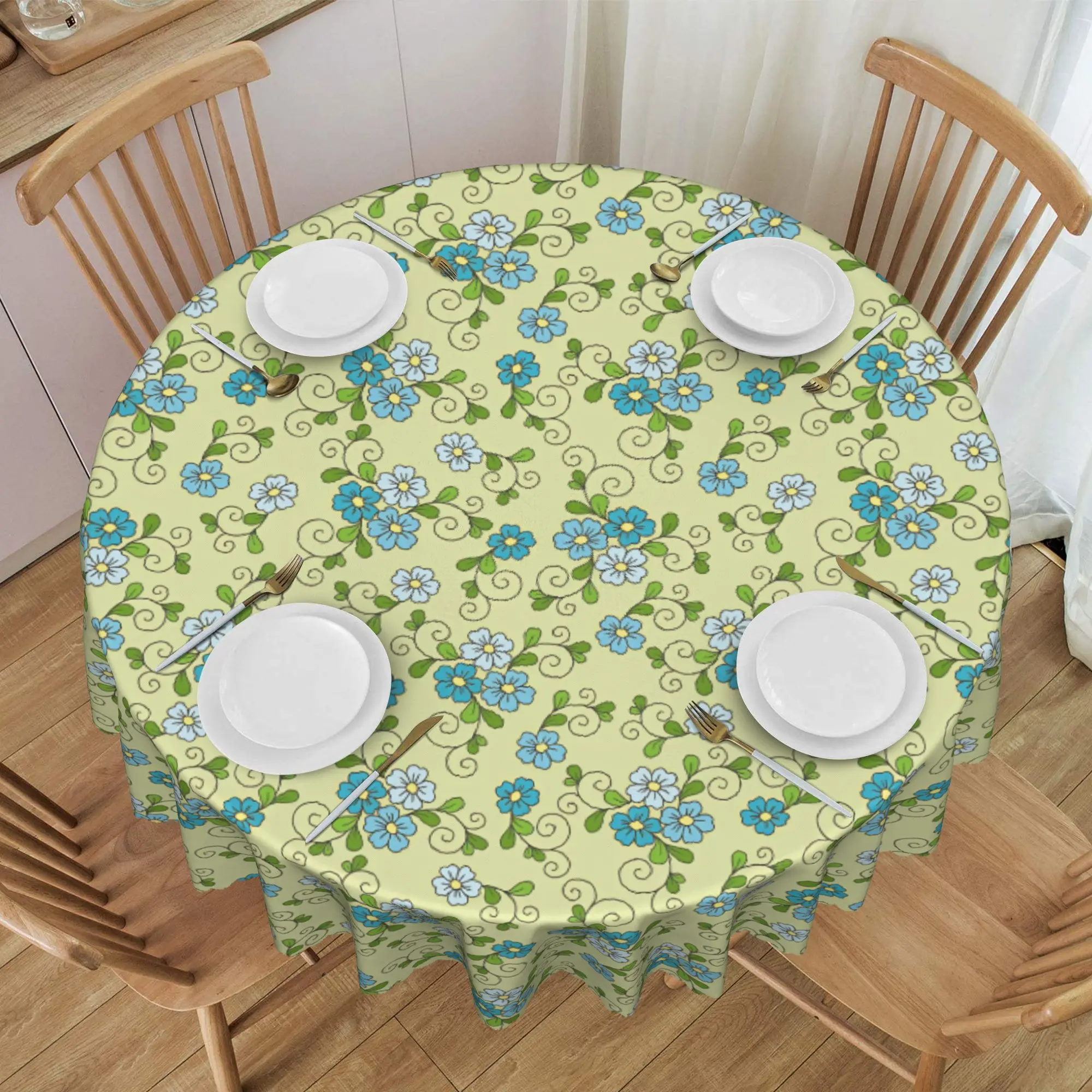 Nappe ronde bleue à motif floral sans couture, motif floral, imperméable à l'huile, pour fête, 70 pouces