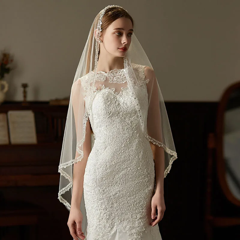 Velo blanco de tul de una capa con borde de lentejuelas de cristal, velo de novia hecho a mano, tocado para vestido de novia, V765