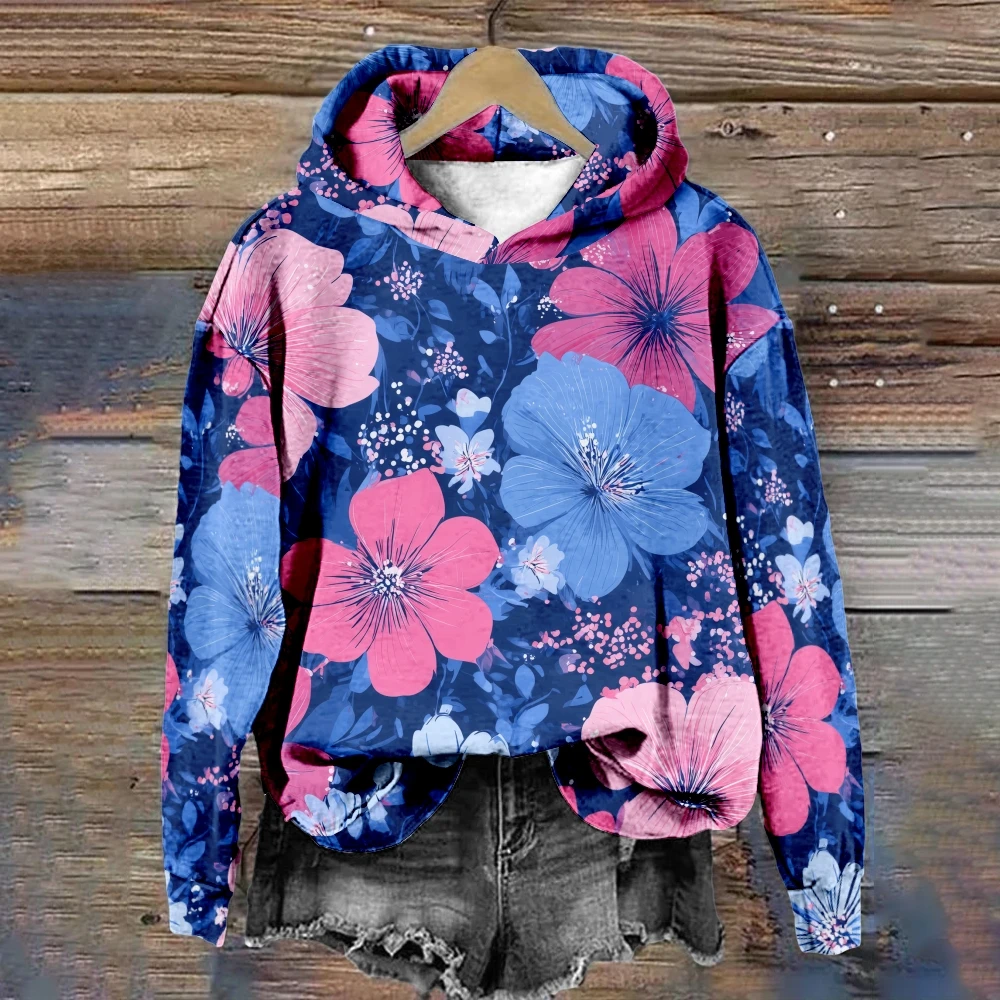 المرأة الأزهار هوديي محب بلوفر شتوي Harajuku فضفاضة تناسب البلوز غير رسمي دافئ الصوف مبطن سترة ملابس الشارع الشهير غير رسمية