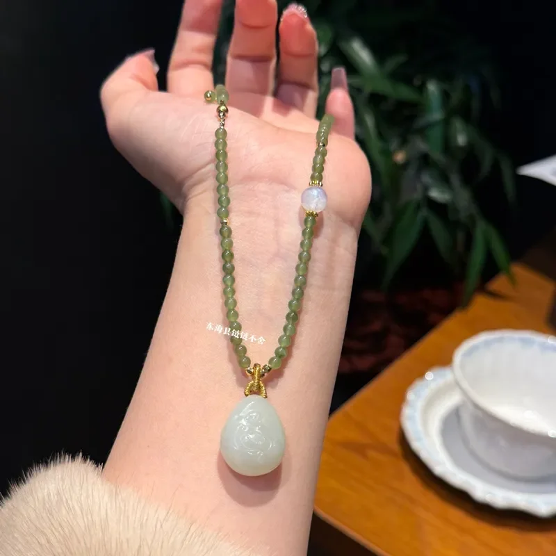 Natural jasper necklace boutique Hetian jade Buddha Gong pendant high-end design exquisite engraving sweater chain jade