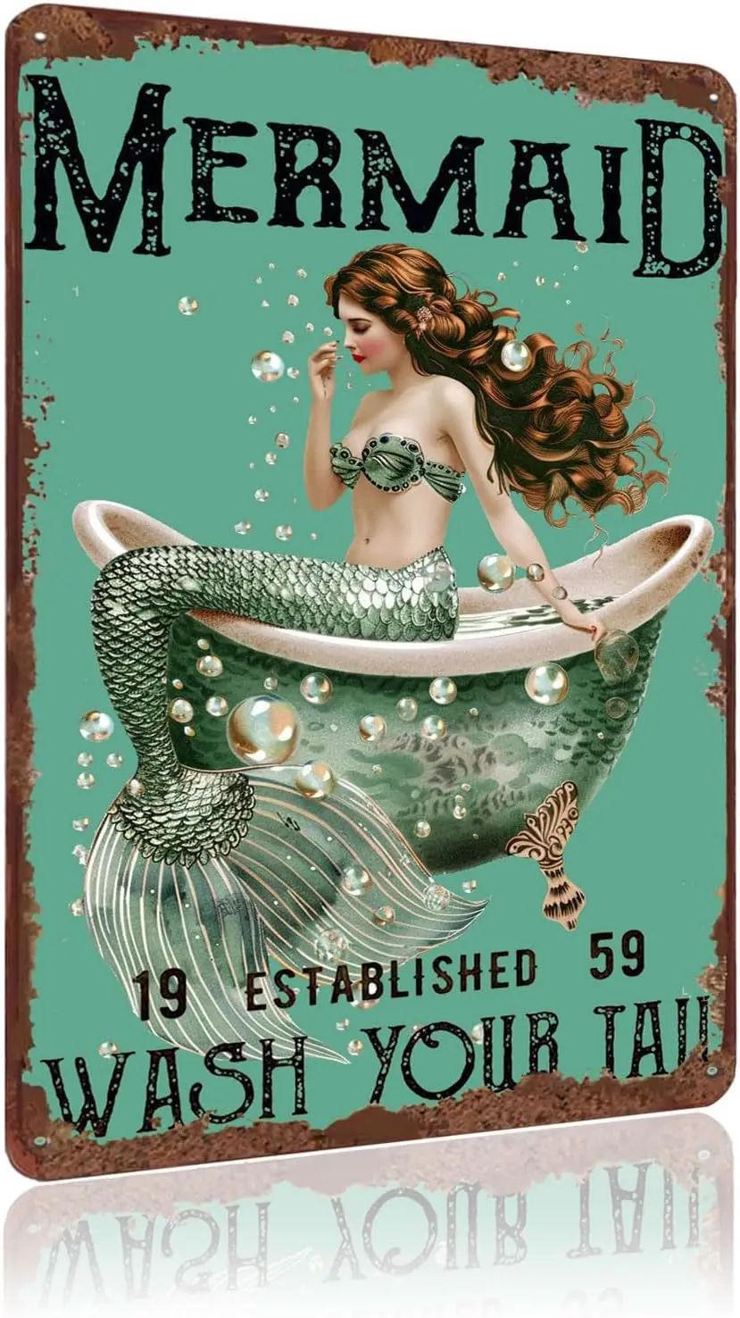 Metal Signs Mermaid Wash Your Tail Retro Tin Sign for Home Office Kitchen Bar Cafe Garden Wall Decor