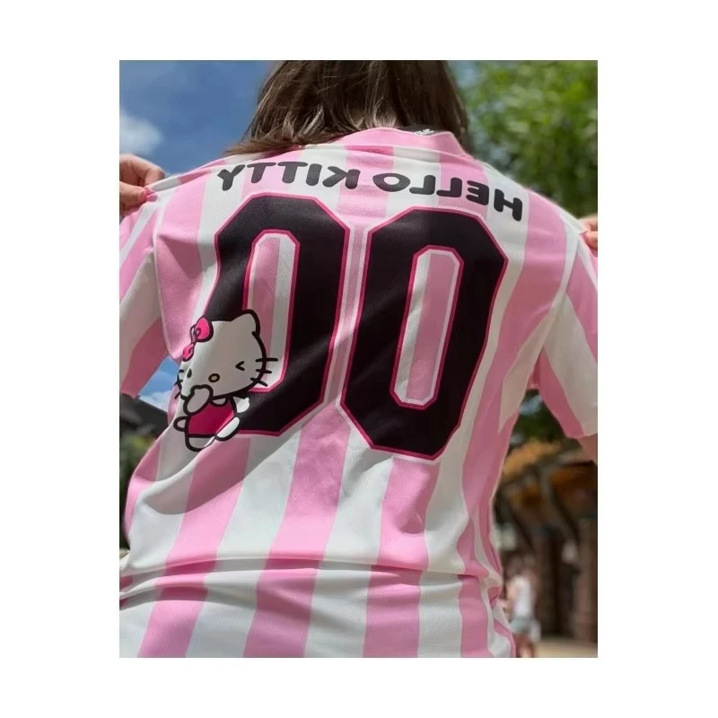 

Fashion HELLO KITTY Stripe Print V-Neck Short Sleeve T-Shirt Summer Baseball Jerseys Stripe Plus Size Sport Women's T-Shirt