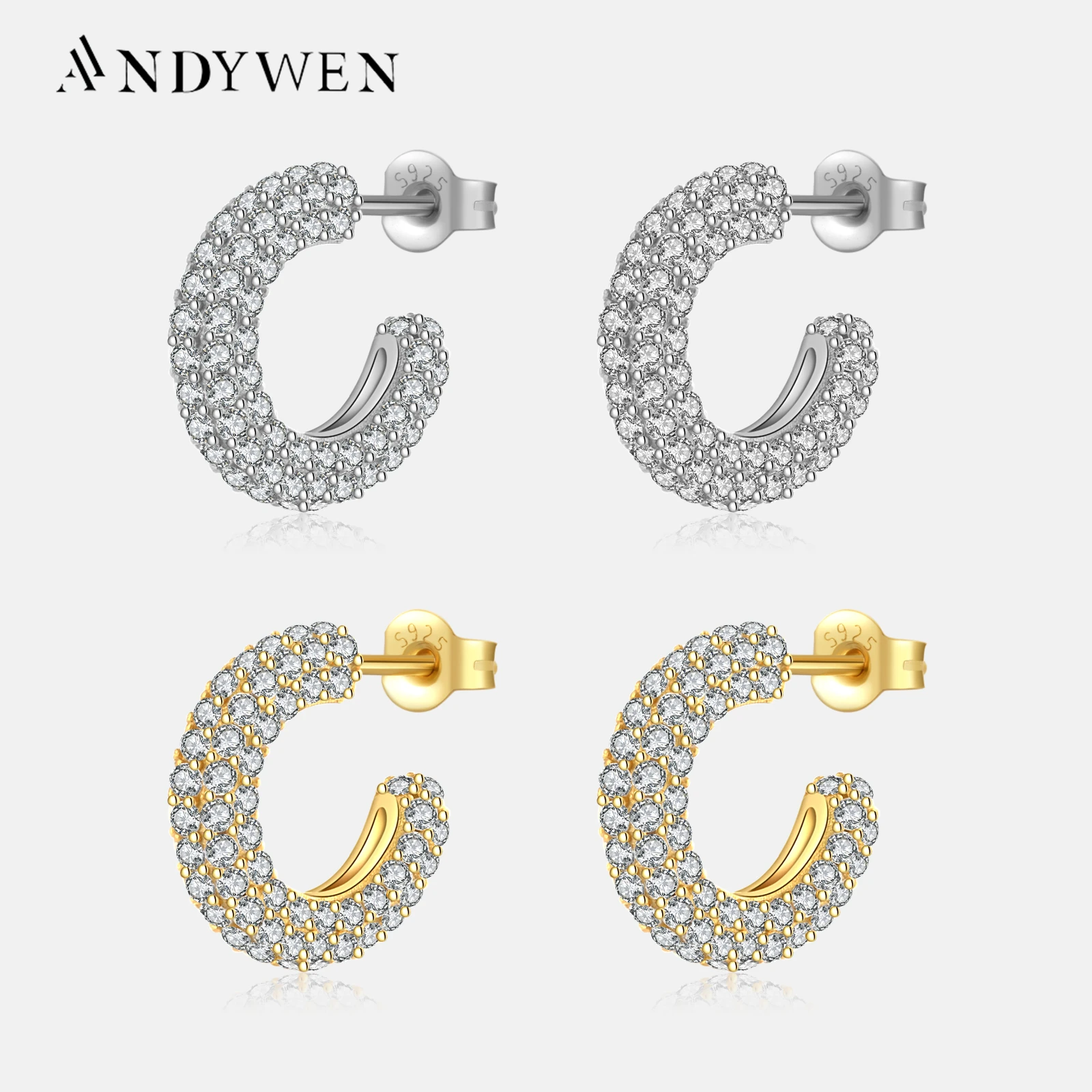 

ANDYWEN 925 Sterling Silver Clear Zircon Pave Hoops Huggies Women Earring Piercing 2023 Women Wedding Crystal Fine Jewelry