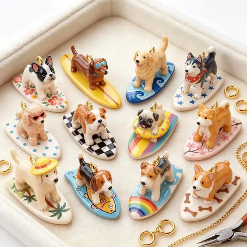 #Beach Surfing Dog Pendant Golden Dachshund Corgi Charm Handmade DIY Jewelry for Graduation Souvenir Gift Options