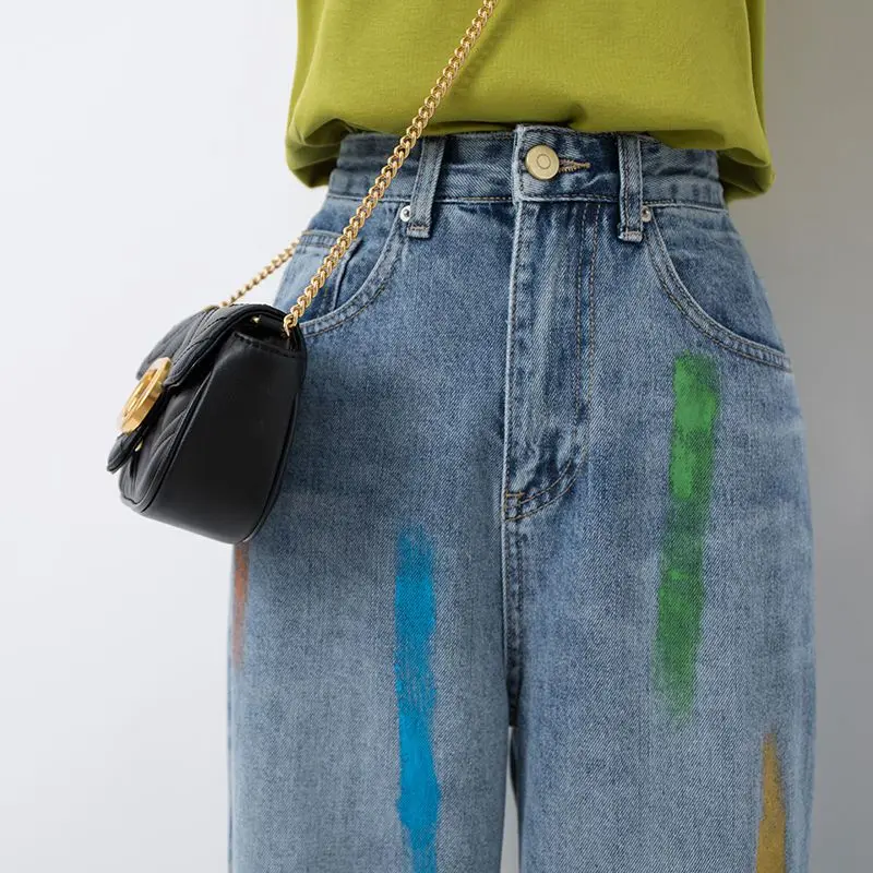 Color Painting Fashion Personality Thin New Fashion Trend Spring Summer 2023 Baby Blue Jeans Women Straight Tube Loose