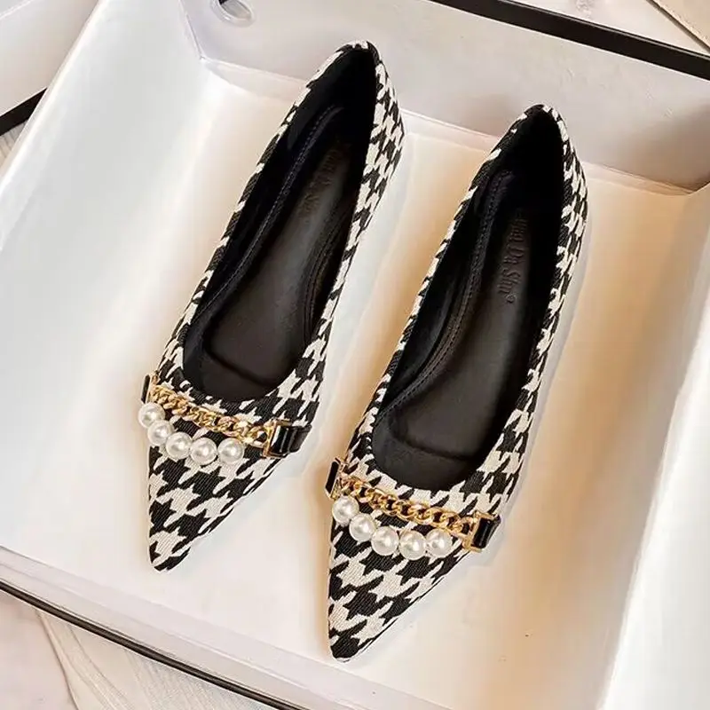 Normal Leather Casual Pearl Pointed Toe Formal Shoes for Woman 2024 Flats Flat Women\'s Summer Footwear Office Chic and Elegant E