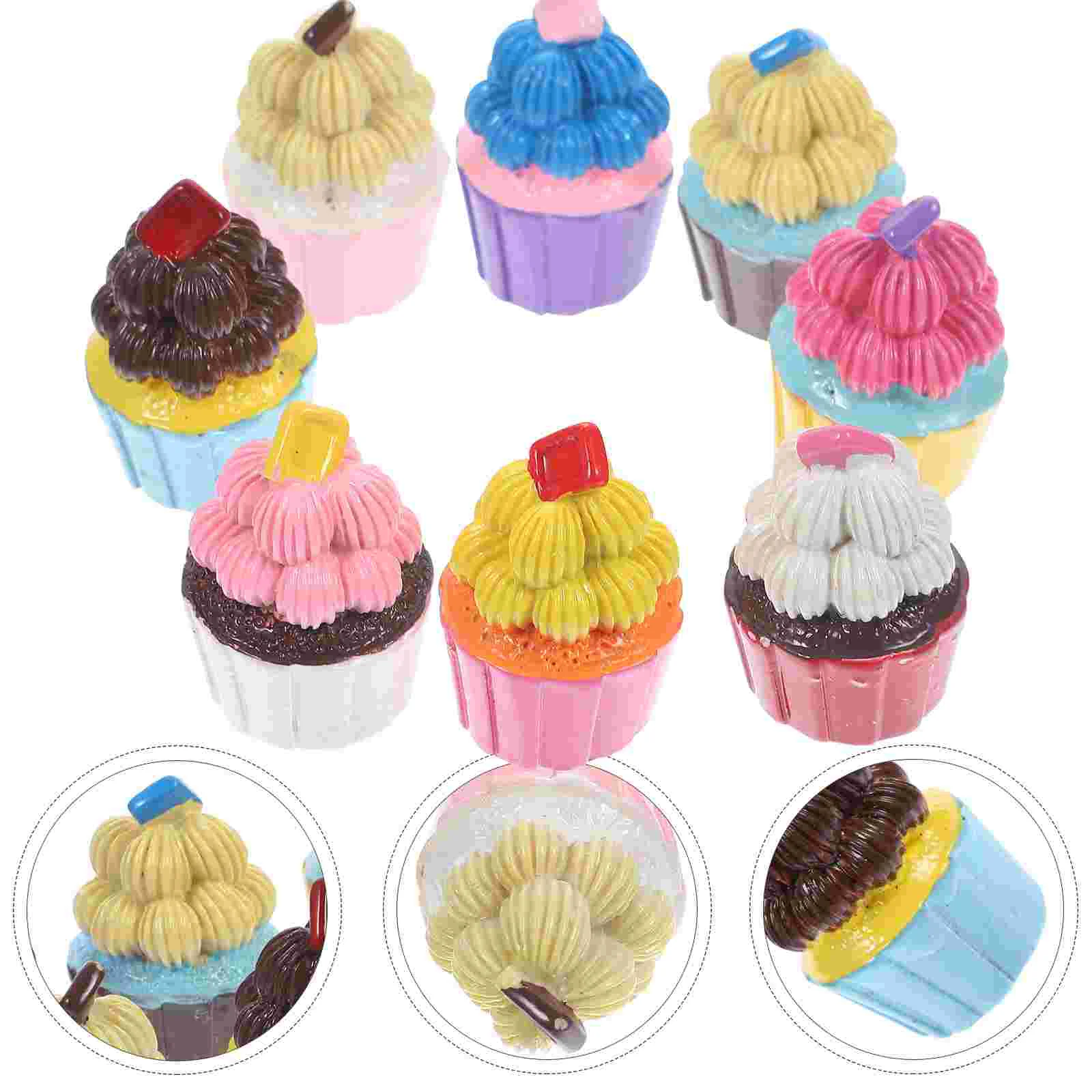 8 Pcs Resin Accessories Simulation Cake Keychain Charms Mini Cupcake Pendant DIY Crafts Ornaments Headdress for