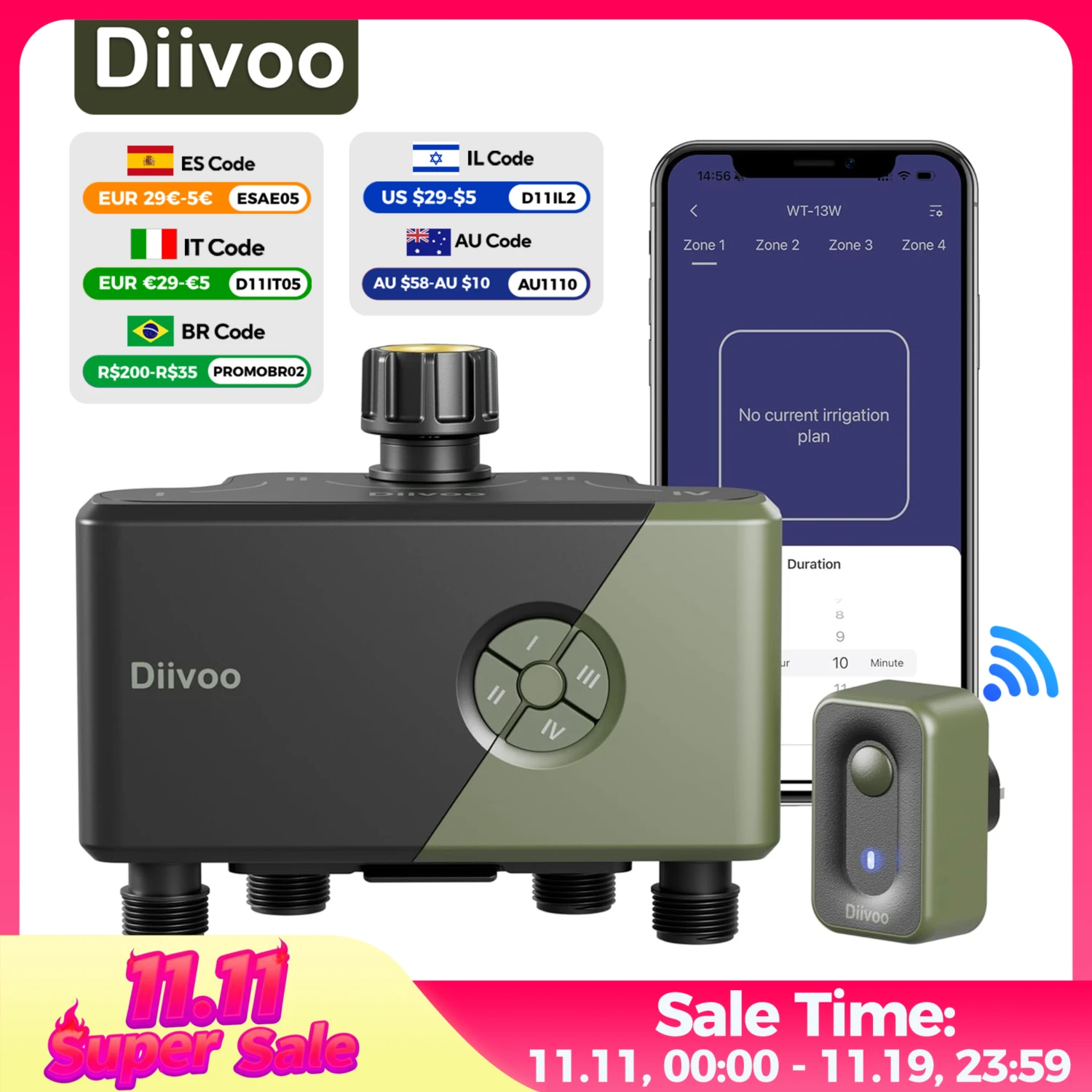 

Diivoo Garden Wi-Fi Таймер полива 4-зонный автоматический таймер полива Контроллер систем полива с задержкой дождя Ручной полив